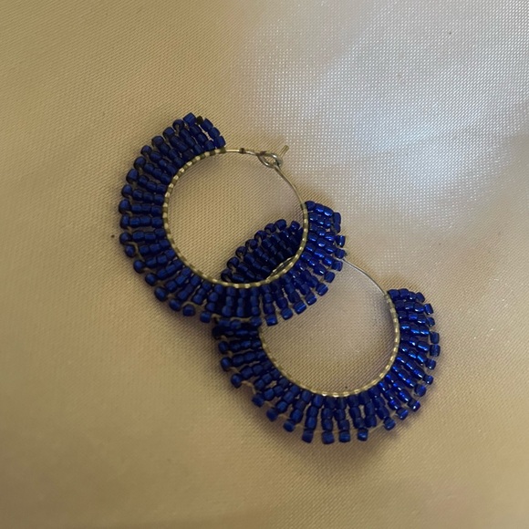 Elegant Blue Beaded Hoop Earrings - Picture 1 of 2